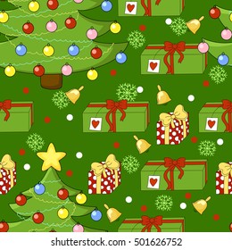 Happy Holiday pattern with Christmas tree, a gift, a bell, snowflake. New Year pattern on a green background.