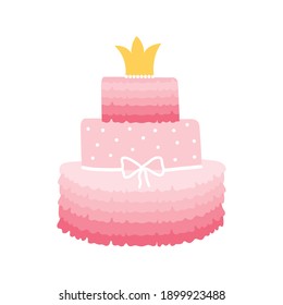 Fröhlicher Urlaub rosa Kuchen in drei Stufen für eine kleine Prinzessin. Geburtstagskuchen mit goldener Krone und Schleife einzeln auf weißem Hintergrund. Logo für eine Bäckerei oder Konditorei. Festliche Süßigkeiten. Vektorgrafik