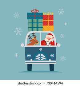 Happy holiday poster. Cute deer, Santa Claus deliver gifts by bus. Colorful playful cartoon. Father Santa and reindeer. Vector winter holiday greeting card. Design idea Christmas fun banner background