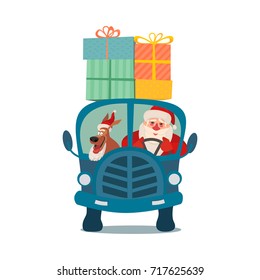 Happy holiday poster. Cute dog, Santa Claus driving bus with gifts. Colorful playful cartoon. Puppy pet in Santa hat. Vector winter holiday greeting card. Design idea Christmas fun banner background