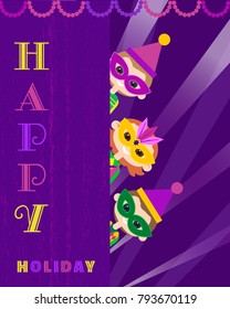 Happy holiday poster. Flyer size template. Comic happy chieldren, carnival masquerade mask costume. Hand drawn cartoon fancy letters. Colorful fun greeting card banner background. Vector illustration