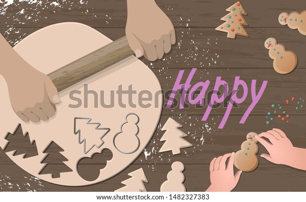 クッキーの準備をして楽しい休日 クリスマスジンジャーブレッドマン 木の形を切る子供の手の作り方 を教える 練り粉の甘い飾り 木のテーブルの上面図の平面レイベクターイラスト のベクター画像素材 ロイヤリティフリー