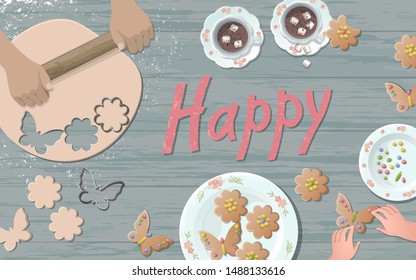 Happy holiday preparing cookies. Teaching how to make flower shape cutting dough kid hands. Rolling sweet decoration. Wooden table top view flat lay vector illustration