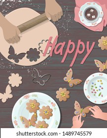Happy holiday preparing cookies. Teaching how to make flower shape cutting dough kid hands. Rolling sweet decoration. Wooden table top view flat lay vector illustration