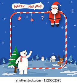 Happy Holiday with santa calus and polar bear on frame blue background.