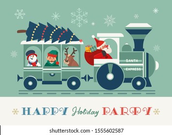 Happy holiday Santa train party vector poster. Comic steam Christmas Polar express cartoon. Santa with elf, deer, snowman fun railroad travel. Holiday season kids celebration magical Christmas train