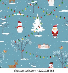 Happy holiday seamless pattern with Santa Claus and funny cartoon animals celebrate party on winter night,vector illustration