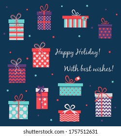 Happy Holiday set of different presents for holiday on dark background