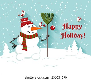 Happy Holiday snowman illustration.Greeting card. vector background