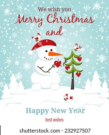 Happy Holiday snowman illustration.Greeting card. vector background