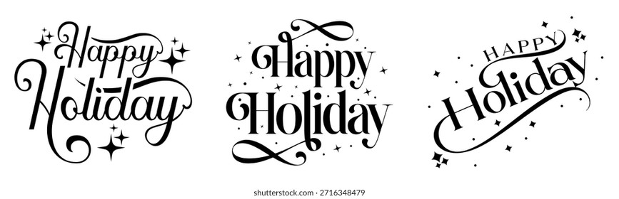 Pacote de projetos de tipografia feliz férias com letras com floreios decorativos e estrelas cintilantes, perfeito para cartões de saudação, cartazes festivos, vestuário personalizado e mercadorias sazonais