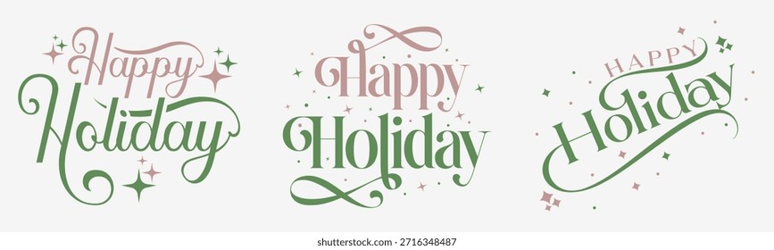 Happy Holiday typography designs bundle featuring vector lettering with decorative flourishes and sparkling stars, perfect for greeting cards, seasonal posters, custom apparel, and holiday designs.