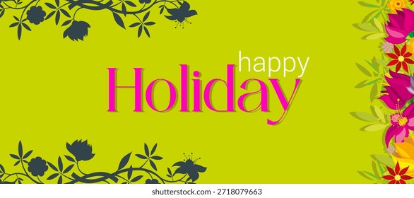 Feliz Festiva vibrante primavera verano Anuncio con tipografía magenta rosa sobre fondo verde lima brillante. Texto feliz blanco con letras elegantes de Festiva serif. Siluetas florales oscuras en las esquinas que contrastan con el ramo de flores de colores con tulipanes rosas, flores rojas y acentos naranjas con follaje verde. Diseño de formato amplio perfecto para tarjetas de felicitación de temporada Anuncios de redes sociales materiales de marketing y contenido promocional festivo.