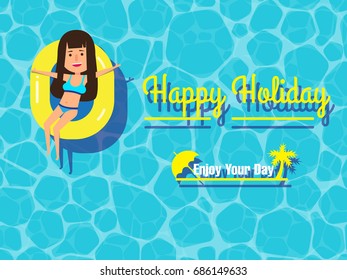 Happy holiday, young girl floating on swimming pool, cocktails, holiday card. Healthy active lifestyle. Digital character illustration. Vector cartoon.