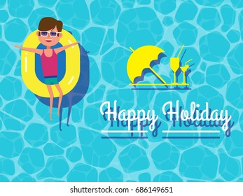 Happy holiday, young guy floating on swimming pool,cocktails, holiday card. Healthy active lifestyle. Digital character illustration. Vector cartoon.