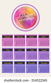 Happy Holidays 2016 Full Calendar Template - Promotion Poster Vector Design, Week Starts Sunday