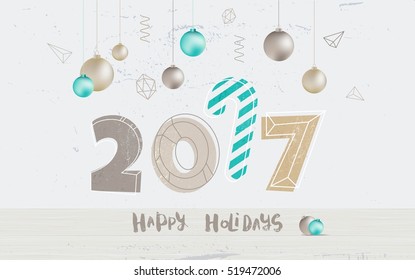 Happy holidays 2017 Greeting Card with hand drawn lettering and numbers 2017 . Golden, beige  colors. Geometric trendy design greeting card in memphis, art deco outline style. Vector illustration