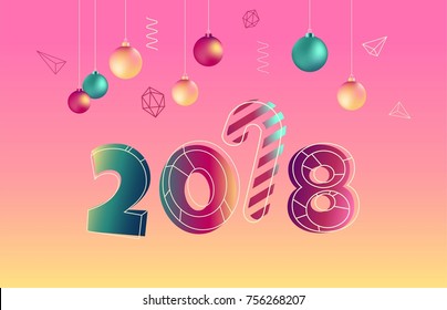 Happy holidays 2018 Greeting Card with colorful numbers 2018 and decorations. Geometric trendy design greeting card in memphis, art deco outline style. Vector illust