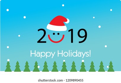 happy holidays 2019 greeting card with smile icon and santa hat. vector