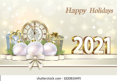 Happy Holidays 2021. New Year card with gift boxes on a luminous background with clock and Christmas decoration. Vector illustration