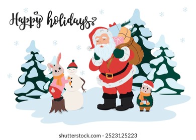 Happy holidays 2024 card. Cute baby animals with Santa Claus. Horizontal vector illustration