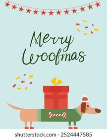 Happy holidays 2024 greeting card. Cute and funny flat Christmas cartoon dachshund character postcard with warm wishes. Merry Woofmas