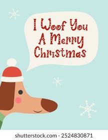 Happy holidays 2024 greeting card. Cute and funny flat Christmas cartoon dachshund character postcard with warm wishes. I woof you a Merry Christmas