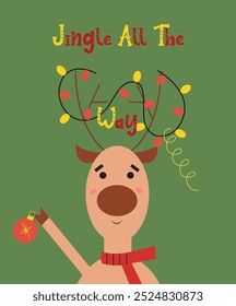 Happy holidays 2024 greeting card. Cute and funny flat Christmas cartoon deer character postcard with warm wishes. Jingle all the way