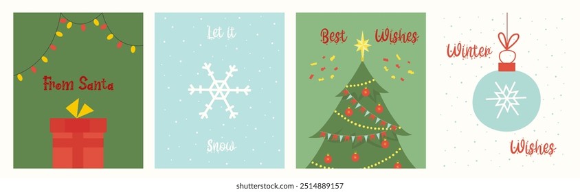 Happy holidays 2024 greeting cards collection. Cute flat Christmas cartoon postcards with warm wishes.