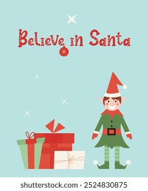 Happy holidays 2024 greeting cards collection. Cute and funny flat Christmas cartoon elf character postcard with warm wishes. Believe in Santa