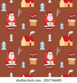 Happy Holidays 2025. Santa claus seamless pattern on a brown background. Сhristmas tree, house, chimney, tree branch. Vector illustration in a flat style. Christmas theme design. 