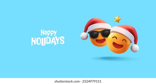 Boas festas. Caracteres 3D de Emojis engraçados, sorrisos em chapéus de Natal. Personagens realistas engraçados para anunciar e comemorar o Feliz Natal e o Ano Novo. Ilustração vetorial