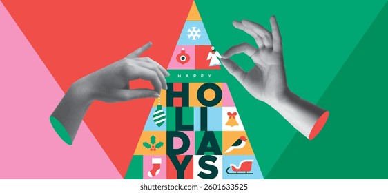 Happy Holidays Abstract Festive Design with Hands and Ornament