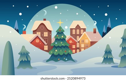 Fondo de Días festivos felices. Navidades Ciudad con Calle, Nieve Caída y Árbol de Navidad. Escena de la ciudad del invierno. Ilustración vectorial de Horizon Cute Fairy Houses.