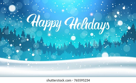 Happy Holidays Background Night In Winter Forest Landscape Falling Snow Flat Vector Illustration