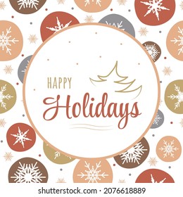 Happy holidays background with snowflakes. Vintage vector illustration in flat cartoon style.