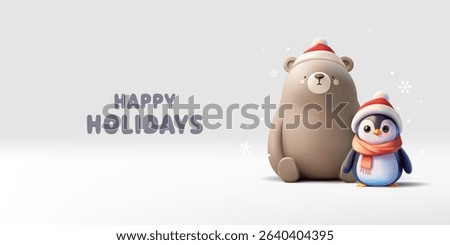 Happy holidays banner. 3D small characters of a bear, a penguin, Christmas hats, and a scarf. Design for Christmas celebration concepts, greetings, and invitations. Vector illustration.