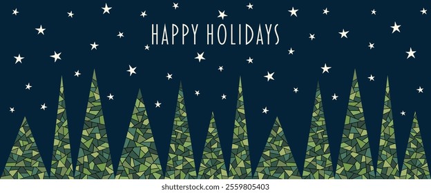 Happy Holidays. Banner with abstrakt fir trees in front of a starry sky.