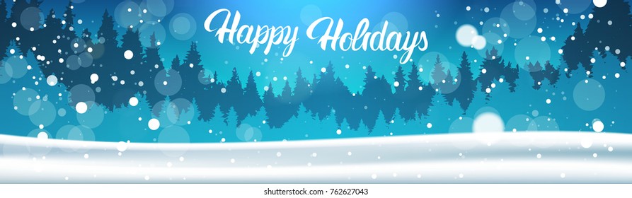 Happy Holidays Banner Background Winter Forest Landscape Night Falling Snow Pine Trees Woods Flat Vector Illustration