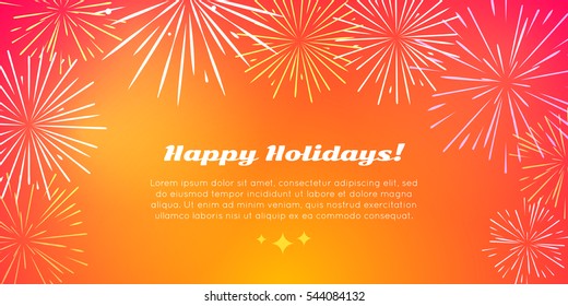 Happy holidays banner in flat style with best fireworks salute elements. Fireworks festival with kinds of fireworks on orange pyrotechnical background. Vector illustration for birthday celebration