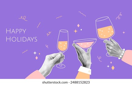 Happy holidays banner with halftone hands holding graphic glasses of champagne and cocktails. Doodle serpentine and stars on background. Birthday, New Year or Christmas greeting vector collage