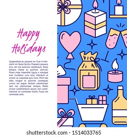Happy holidays banner template in line style with place for text. Bright poster with celebration symbols including candles, presents and wine. Vector illustration.