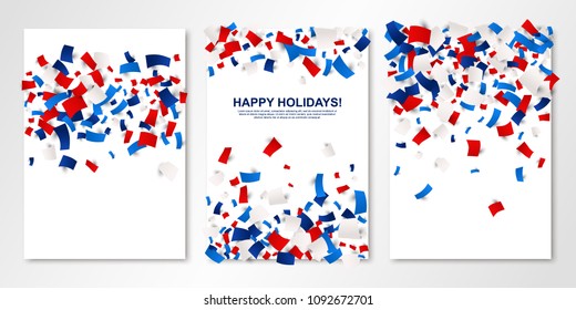 Happy Holidays banners set. Festive greeting cards with scattered papers in traditional American colors - red, white, blue. All isolated and layered