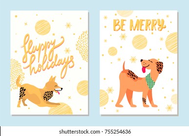 Happy holidays and be merry postcards with dogs surrounded with golden snowflakes vector illustrations. Friendly weimaraner and playful fox terrier.