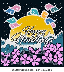 happy holidays, beautiful greeting card background or banner with sea and flower theme. design illustration