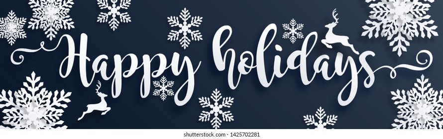 Happy holidays Beautiful vector brush greeting card and snowflakes patterned paper cut art and craft style on paper color background.