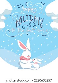 Happy Holidays to the best Mom Card. Vector illustration with cute bunnies on winterly landscape. 