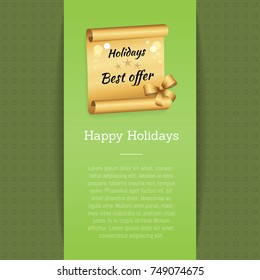 Happy holidays best offer inscription on golden paper scroll parchment manuscript scrolled document vector illustration isolated banner with text