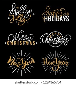 Happy Holidays and best wishes, merry and bright Christmas, holly jolly New Year handwritten doodles, scripts, calligraphic inscription for greeting cards. White text on black background