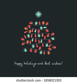 
Happy Holidays and Best Wishes. Winter holiday greeting card. Illustration of Christmas lights garland on a dark background. Vector 10 EPS.
